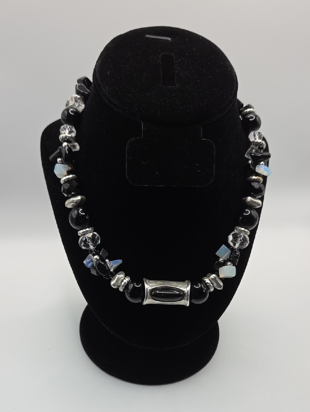 Women’s Black Beaded Necklace with Silver Accents
